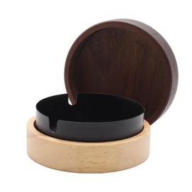 Wuyituart Round Ashtray with Lid Walnut Colored Solid Wood Metal Windproof Ashtray, Black