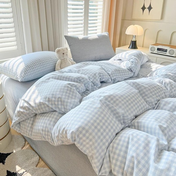 Michorinee Double Duvet Cover Set Blue White Plaid Pattern Country