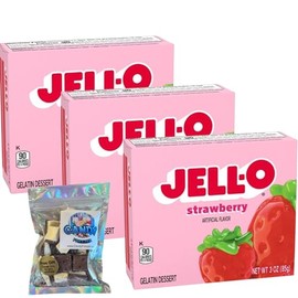 Jell-O Gelatin Dessert Mix - 3 oz Boxes (Pack of 3) - With Candy Freezer Freeze Dried Ice Cream Bites (Strawberry) - Candy