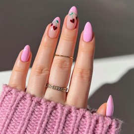 Cute Press on Nails Medium Almond French Tip Fake Nails Full Cover Petite False Nails with Cherry Designs Pink Glossy Glue on Nails Acrylic Nails Manicure Artificial Nails for Women Girls 24PCS