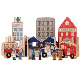 THE FRECKLED FROG Happy Architect - Emergency - Set of 20 - Ages 2+ - Wooden Blocks for Preschoolers and Elementary Aged Kids - Includes Workers, Vehicles and Buildings