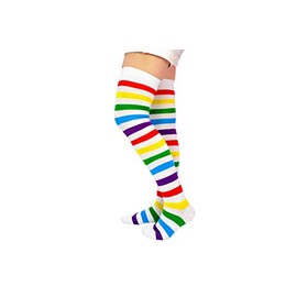 Everything Legwear Striped Thigh High Womens Socks - Over the Knee Stockings (White Rainbow)