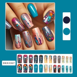 Medium Square Press on Nails Gradient Fake Nails Colorful Stripe Dots Stick on Nails Glossy Glue on Nails Full Cover Artificial Acrylic False Nails Reusable Press on Nails Kit for Women Girls 24Pcs