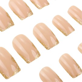 SINHOT Square Press on Nails Medium - Gold Bling Glitter Edge Fake Nails Glossy Glue on Nails Nude Natural Nail False Nail with Design DIY 24 pcs
