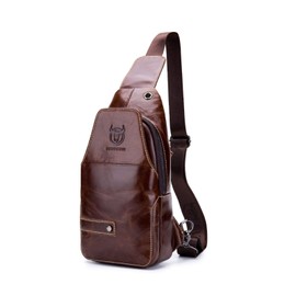 BULLCAPTAIN Men's Leather Sling Bag Shoulder Backpack Shoulder Bag Chest Bag Water Resistant Tote Bag Messenger Bag for Hiking Work School Business Cycling Travel, brown, messenger