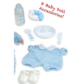15" Realistic Soft Body Baby Doll with Open/Close Eyes | JC Toys - Berenguer Boutique | 10 Piece Gift Set with Bottle, Rattle, Pacifier & Accessories | Blue | Ages 2+
