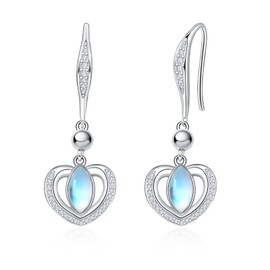 KINGWHYTE Heart Drop Earrings 925 Sterling Silver Teardrop Moonstone Dangle Earrings Heart Hook Earrings Christmas Valentine's Day Jewellery Gifts for Women Ladies Girls