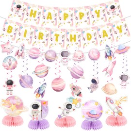 Outer Space Girls Party Decorations Pink Outer Space Baby Shower Decor Supplies Includes Happy Birthday Banner Outer Space Girls Hanging Swirls Honeycomb Centerpiece