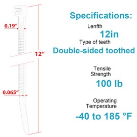 12 Inch Zip Ties Double Sided Toothed,100 LBS Tensile Strength Heavy Duty Cable Wire Ties With Self-Locking Adjustable More Durable Nylon Tie Wraps for Indoor Outdoor（100 Pack）