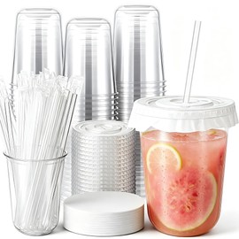 Ziliny 100 Sets Clear Plastic Cups with Lids, Straws, and Paper Cap Liners, Disposable Iced Coffee Cups Drinking Cup for Cold Drinks, Juice, Smoothie, Coffee Shops, Party, Christmas (16oz,Clear)