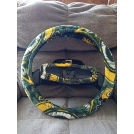 Custom GREEN BAY PACKERS PENNANTS FLEECE STEERING WHEEL & REAR VIEW MIRROR SET