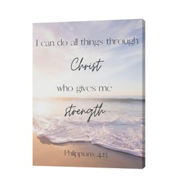Coastal Sunrise Decor Wall Art I Can Do All Things Through Christ Wall Decor Bible Verse Pictures Canvas Prints Christian Religious Spiritual Artwork Decor for Bathroom Bedroom Office 12"x16"