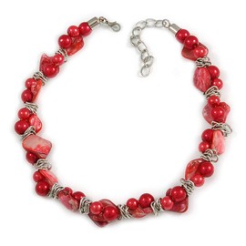 Avalaya Exquisite Faux Pearl & Shell Composite Silver Tone Link Necklace In Red - 44cm L/ 7cm Ext