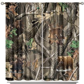 Forest Camouflage Curtains,Wild Animal Bear Deer Elk Blackout Rod Pocket Window Drapes for Living Room Bedroom Decor W42xL63in