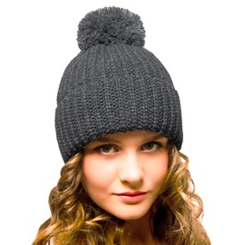 Entire Empire Grey Bobble Hat Women's Beanie Grey - Woolly Hats for Women with Pom Pom - Winter Hat Ladies Knitted Chunky Knit Large Pompom - Golf Hat Running Womens (Grey)