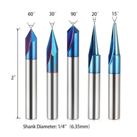 Trvoxviq 5PCS CNC Wood Carving Router Bits Set 1/4'' Shank, 15°Detail Carving Liner+ 20° Profile bit+30°+60°+ 90°V Groove Router Bit Set with Nano Blue Coating CNC Milling Cutter Engraving Router