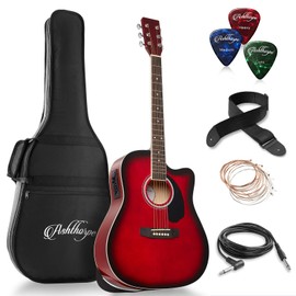 Ashthorpe Full-Size Dreadnought Cutaway Acoustic-Electric Guitar Bundle - Premium Tonewoods - Red