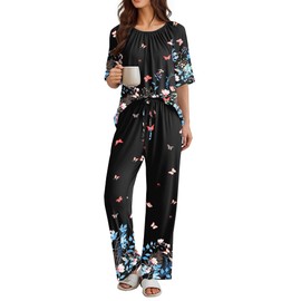 Ekouaer Pajamas for Women Set Short Sleeve Lounge Sets Soft Pjs Round Neck Loungewear with Pockets, Butterfly, XL