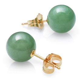 Belacqua Natural 8mm Green Round Jade Stud Earrings in 14k Yellow Gold, Push Back, Jewelry for Women, Gift Box Included