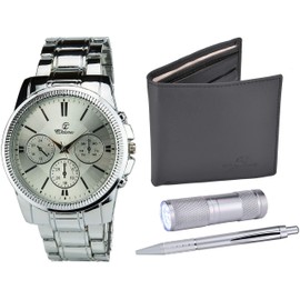 BELLOS Men's Watch Gift Box – LED Lamp – Wallet – Pen, Silver, 42, Bracelet, Silver, 42, Bracelet