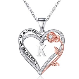Memorjew Jewelry Gifts for Women - 925 Sterling Silver Necklace Rose Flower Heart Letter K Initial Necklace Birthday Jewelry Gifts for Women Wife Her Unique Gifts I Love You