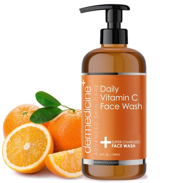 Dermedicine Daily Vitamin C Face Wash Super-Charged w/Marine & Plant Extracts & Retinol Cleaner | Works to Help as Cleanser, Brighten & Balance Complexion 8 Fl. Oz. | 240mL