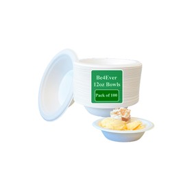Be4Ever 100 Pack Disposable Paper Bowls 12oz-Eco-Friendly, Sugarcane White Bowls Biodegradable, Compostable Soup Bowls for Dessert Christmas Party BBQ Picnic 12oz (Pack of 100)