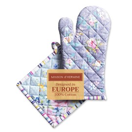 Maison d’ Hermine 100% Cotton Oven Mitt & Pot Holder Set (7.5x13 & 8x8 Inches) – Heat-Resistant Kitchen Mittens for Cooking, Baking & BBQ – Durable, Easy to Use, Sweet Rose Lavender - Spring/Summer