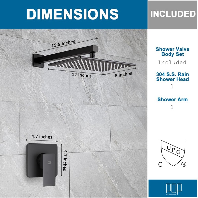 POP SANITARYWARE Matte Black Shower Faucet Set, Bathroom Rainfall Shower
