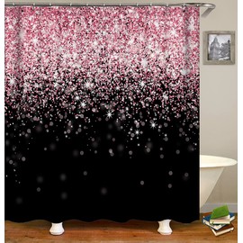 TJZ HOME Sky Full of Stars Fabric Shower Curtains, Pink White Stars Falling Slowly on Black Background Decoration Design Polyester Cloth Print Bathroom Curtains Include Hooks Sets 72〃w by 72〃L