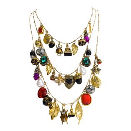 Vintage 3-Layered Pendant Charm Necklace for Women, Bohemian Ethnic Layered Stackable Chain Necklace with Gold Leaves Insects Multi-Colored Rhinestone Gems, Unique Statement Jewelry for Party Gift