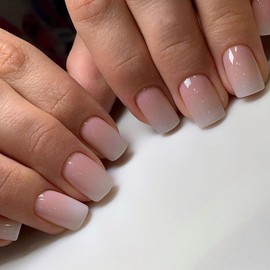 Medium Square False Nails - 24PCS Ombre Press on Nails - Gradient Stick on nails - Fake Nails with Glue - Nude White Square Nail Tips Full Cover Long Lasting for Women Girls Nail Art at Home