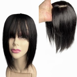 12x14 Lace Base Human Hair Toppers Invisible Middle Part Natural Hairpiece with Wispy Air Bangs Clip In Hair Extension For Hair Volume 220% Density (12 inch, #1B)