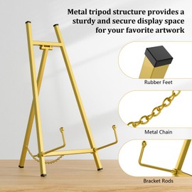 Metal Tabletop Gold Easel Stand Display 16.5" H x 8.7" W x 4.3" D, Tripod Design with Chain Support, for Displaying Art Photographs, Wedding Pictures, Drawing Boards, Platters, Books and Mirror Stand