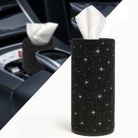 Bling Car Tissue Holder for Cup Holder – Sparkly Rhinestone Round Tissue Dispenser with 1 Pack Tissues – Fits Standard Auto Cup Holders – Stylish Car Interior Accessory for Women(Black)
