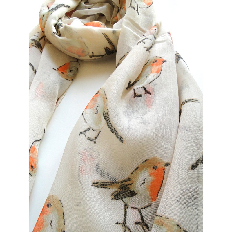 The Olive House® Womens Christmas Winter Robin Bird Scarf Cream