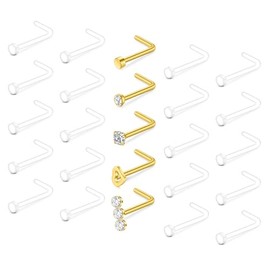 VCMART Clear Nose Rings Clear Nose Studs for Work Plastic Nose Rings for Surgery Plastic Nose Piercing Retainer 20g Gold