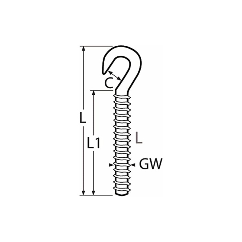 Hook Screw with Left Thread M5, Stainless Steel AISI 316/A4