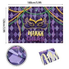 Mardi Gras Carnival Party Backdrop Banner Decorations Masquerade Jester Mask Themed Background Fat Tuesday Purple and Green Photo Booth Photography Decor Sign Supplies