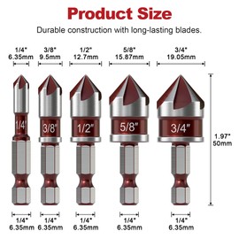 APIOLO 5-Piece Countersink Drill Bit Set, 82 Degree, 5 Flute High Speed Steel Countersink Bits, Quick-Change Hex Shank, for Metal, Wood, Plastic, 1/4" to 3/4" Size, with Plastics Storage Case