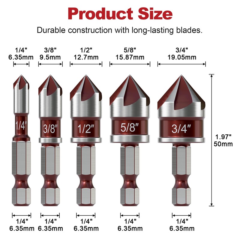 APIOLO 5-Piece Countersink Drill Bit Set, 82 Degree, 5 Flute