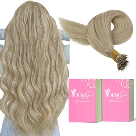 YoungSee Nano Hair Extensions Human Hair Blonde Highlights 18Inch Nano Tip Hair Extensions Real Human Hair Ash Blonde Highlights with Light Blonde Bead Hair Extensions Soft and Silky 50s 50g