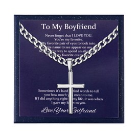 Besteel 925 Sterling Silver Cross Necklace Beveled Edge for Men Women 5mm Stainless Steel Diamond Cut Durable Cuban Link Curb Chain Crucifix Baptism Pendant Necklace Jewelry for Boyfriend 22IN