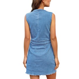 LookbookStore Women Denim Dresses Casual Summer Blue Sleeveless Dress for Women V Neck Button Down Dress Jeans with Pockets Frayed Raw Hem Short Denim Dress Size S Size 4 Size 6