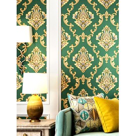 Q QIHANG European Style 3D Damask PVC Wallpaper Living Room Bedroom TV Background Wall 20.87" Wx393.7 L Non-Pasted (Dark Green)