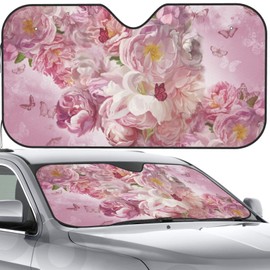 VunKo Front Window Car Sun Shade Windshield - Pink Flowers Butterflies Oil Paint Foldable Cute Funny Sunshade for Car Truck SUV -Blocks Uv Rays Visor Shield Cover Keep Your Vehicle Cool Medium