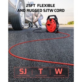 DEWENWILS Cord Reel with 4 Power Outlets, 2-USB Ports(3.4A Fast Charge), 25FT Retractable Extension Cord Reel, Heavy Duty SJTW 16/3 Cable, 13A Circuit Breaker, Hand Wind, UL Listed