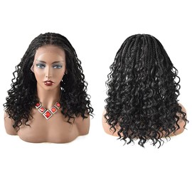 Curve Hair Curly Braided Swiss Lace Front Wigs for Women with Baby Hair Hand Made Crochet Hair Curly Ends Box Braided Wig Heat Friendly Synthetic Black Color 18inch (LL602483C, #1B)