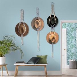3Pcs Macrame Hat Hanger, Boho Hat Hangers for Wall, Decorative Bohemian Hand Weaving Hat Rack for Wide Brim Sun Straw Hat Cowboy Hat Display (1 Hole*2 & 2 Holes)