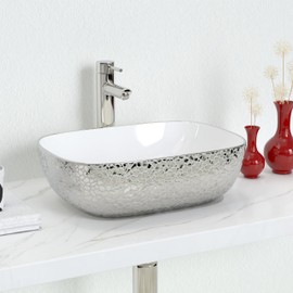 J-FAMILY 18.3'' x 13'' Bathroom Vessel Sink Leopard Texture Silver Ceramic Sink Bowl Above Counter Vanity Sink Bathroom Artistic Wash Basin